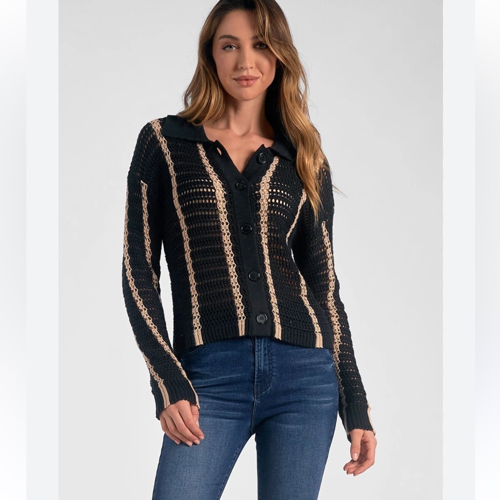 Elan Black and Tan Cozy crochet Cardigan NWT size M